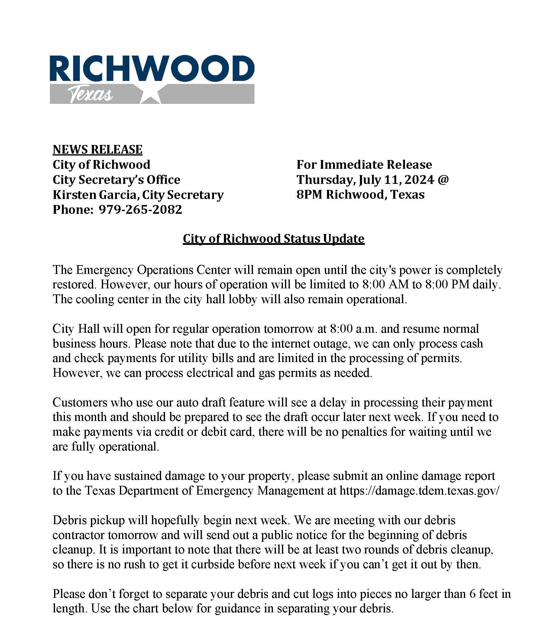 City of Richwood Status Update 07/11/2024 – City of Richwood, Texas