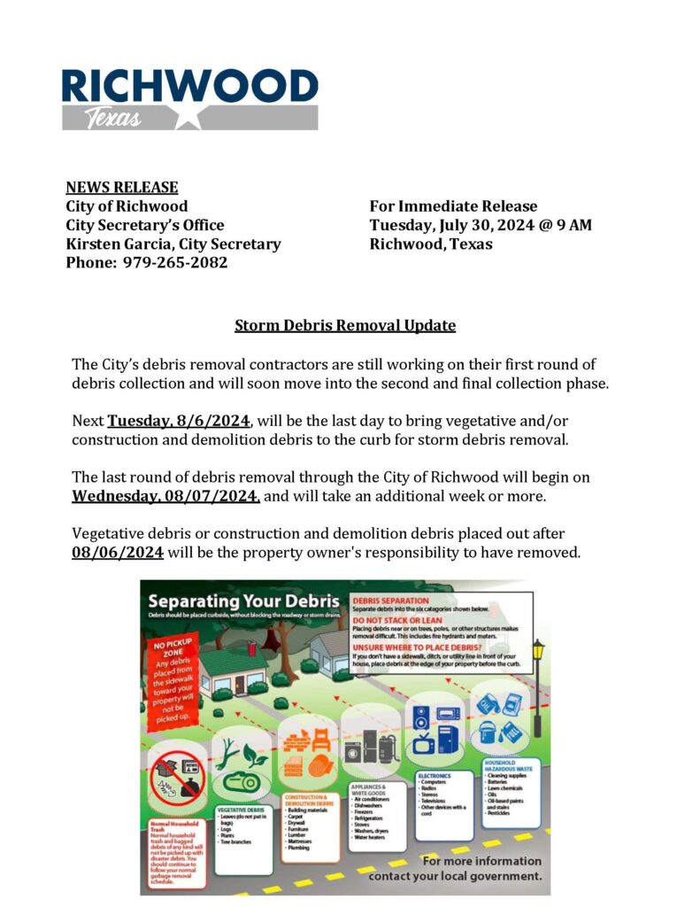 Storm Debris Removal Update 07/30/2024 – City of Richwood, Texas